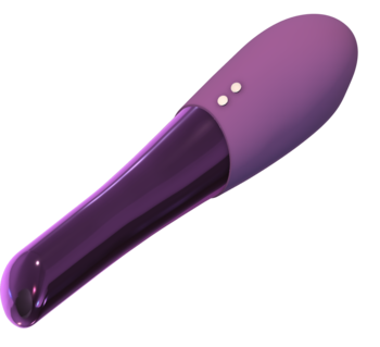 Fioletowy stymulator Finger Tickler, elegancki bezprzewodowy masażer z dwoma przyciskami na błyszczącej obudowie.
