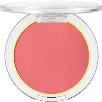 Róż Essence Blush Crush nr 30 Cool Berry, otwarty kompakt z malinowym pudrem i białą obwódką.