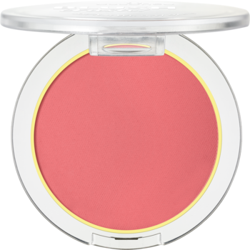 Róż Essence Blush Crush nr 30 Cool Berry, otwarty kompakt z malinowym pudrem i białą obwódką.