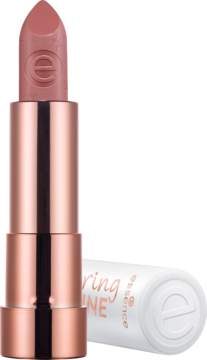 Błyszcząca pomadka Essence Caring Shine My Advice 203, otwarta w etui rose gold, z cielisto-różowym wkładem, z przodu.