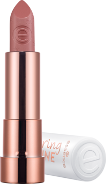 Błyszcząca pomadka Essence Caring Shine My Advice 203, otwarta w etui rose gold, z cielisto-różowym wkładem, z przodu.