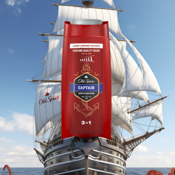 Czerwony żel pod prysznic Old Spice Captain na tle historycznego żaglowca na morzu, z etykietą 3-in-1.
