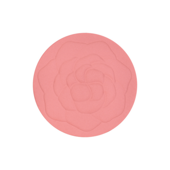 Matowy róż do policzków Pastel #201, pastelowy róż z wytłoczoną różą, w okrągłym opakowaniu. Widok z góry.