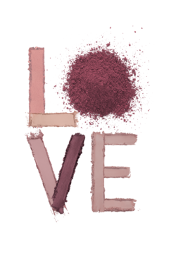 Pastel So In Love, paleta cieni. Słowo LOVE z matowych i błyszczących cieni, sypki róż w O.