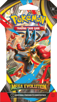 Pokémon Trading Card Game Mega Evolution booster pack z Lucario na dynamicznym tle, widok przodu opakowania.