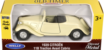 Welly Old Timer: beżowy diecast model 1939 Citroãn 11B Traction Avant Cabrio w żółto-brązowym pudełku.