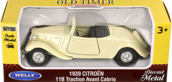 Welly Old Timer: beżowy diecast model 1939 Citroãn 11B Traction Avant Cabrio w żółto-brązowym pudełku.