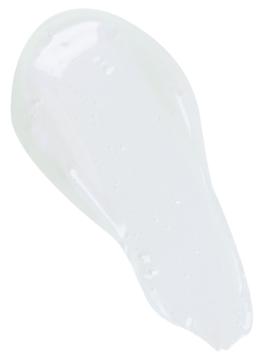 Zbliżenie na opalizującą, białą kroplę peptydowego balsamu Revolution Juice Peptide Clear Ice na czarnym tle.