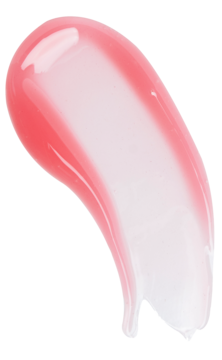 Zbliżenie na różowy, błyszczący swatch balsamu do ust Revolution Juice Peptide Pink Strawberry na czarnym tle.