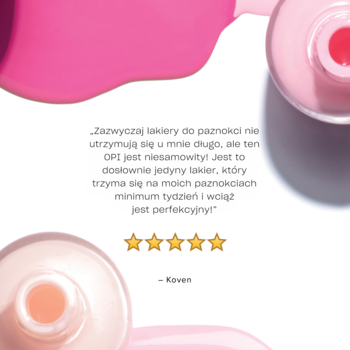 Recenzja lakieru OPI Nail Lacquer, z tekstem o trwałości 7 dni i pięcioma gwiazdkami na tle rozlanego lakieru.