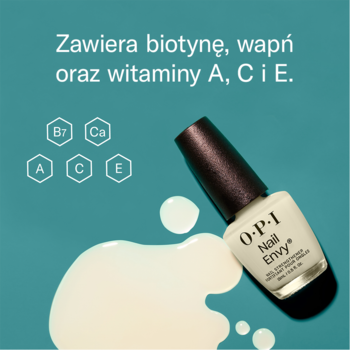 OPI Nail Envy, biała odżywka wzmacniająca, z rozlanym produktem, obok ikony witamin A, C, E, B7 i Ca.