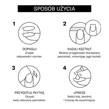 Schemat instrukcji aplikacji OPI xPRESS-ON, 4 czarno-białe kroki: dopasowanie, kształtowanie, przygotowanie, klejenie paznokci.