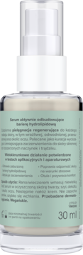 Tył butelki serum Miya Beauty Lab 30 ml, odbudowującego barierę hydrolipidową, zielona etykieta z tekstem.