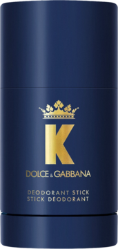 Dezodorant w sztyfcie K by Dolce & Gabbana, granatowy, ze złotą literą K i koroną. Widok z przodu.
