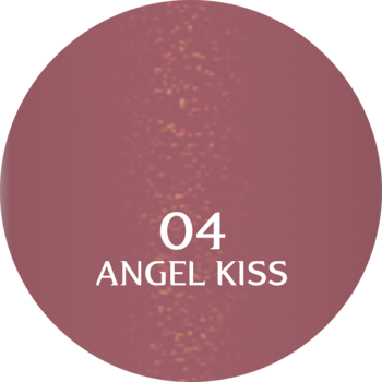 Okrągła próbka błyszczyka Wonder Show Angel Kiss w kolorze brudnego różu z drobinkami i napisem 04 ANGEL KISS.