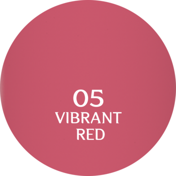 Okrągły próbnik koloru błyszczyka Wonder Show Vibrant Red. Intensywna czerwień z numerem 05 i napisem 'VIBRANT RED'.