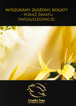 Avon Little Black Dress perfumy: Bliskie ujęcie żółtych kwiatów wiciokrzewu i ylang-ylang, logo Cruelty Free.