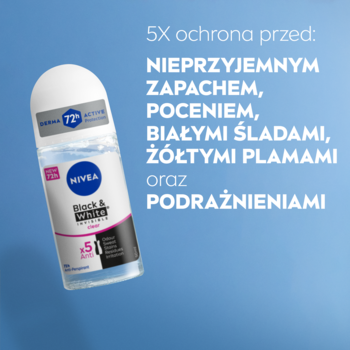 NIVEA Black&White Invisible Clear roll-on, 72h Derma Active Protection, 5x ochrona przed potem i plamami na niebieskim tle.