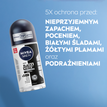Antyperspirant NIVEA MEN Black&White Invisible roll-on, 72h ochrona. Biało-czarna butelka z opisem 5x ochrony.