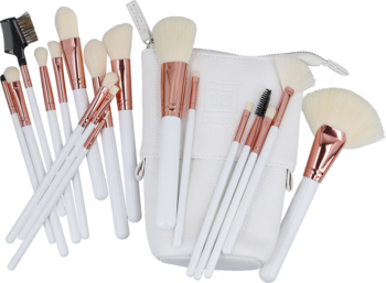 Zestaw wegańskich pędzli do makijażu Ilū Basic w białym etui, z białymi rączkami i różowo-złotymi okuciami.