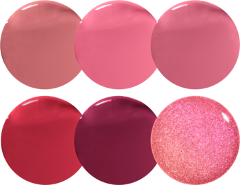 Zestaw sześciu błyszczących smug błyszczyków NYX Butter Gloss w różowo-czerwonych odcieniach.