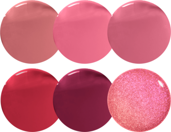 Zestaw sześciu błyszczących smug błyszczyków NYX Butter Gloss w różowo-czerwonych odcieniach.