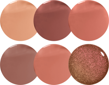 Zestaw 6 błyszczących próbek NYX Butter Gloss w odcieniach nude, brązu i różu, jedna brokatowa, zbliżenie.