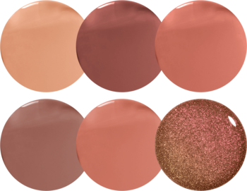 Zestaw 6 błyszczących próbek NYX Butter Gloss w odcieniach nude, brązu i różu, jedna brokatowa, zbliżenie.
