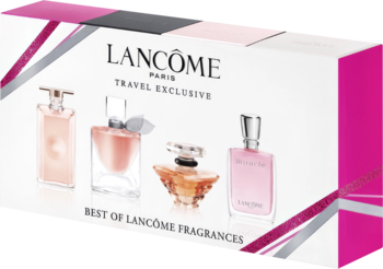 Zestaw upominkowy Lancôme z czterema miniaturami perfum: Trésor, Idôle, La Vie Est Belle, Miracle, widok z przodu.