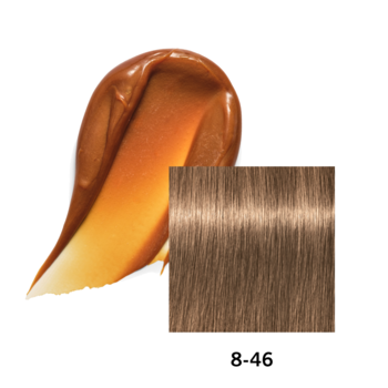 Schwarzkopf Chroma ID 8-46 mleczno-czekoladowa maska koloryzująca: karmelowa konsystencja i próbka koloru na włosach.