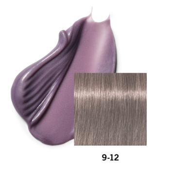 Schwarzkopf Chroma ID: fioletowa maska koloryzująca i szare pasmo włosów 9-12, na białym tle.