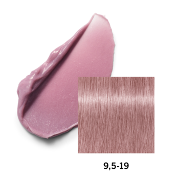 Półtrwała maska koloryzująca Schwarzkopf Chroma ID 9,5-19. Różany odcień: próbka maski i wzornik koloru.