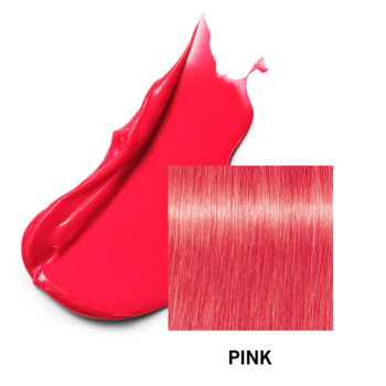 Różowa maska koloryzująca Schwarzkopf Chroma ID: jasnoróżowy swatch produktu obok pasma włosów w odcieniu różu.