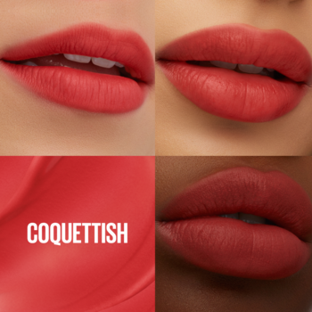 Maybelline Super Stay Teddy Tint Coquettish. Cztery ujęcia ust z matowym, długotrwałym tintem w odcieniu rdzawej czerwieni.