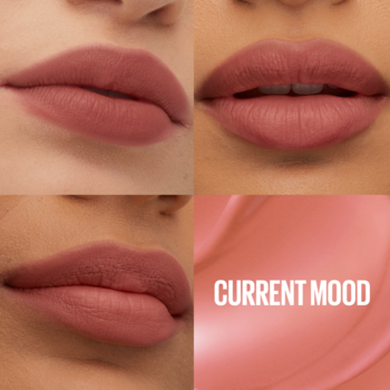 Maybelline Super Stay Teddy Tint Current Mood, matowy tint na ustach i próbka koloru z nazwą.