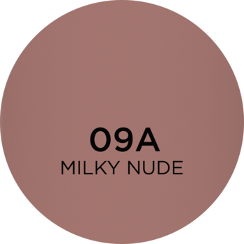 Okrągła próbka koloru Eveline Wonder Match, pomadka w płynie 09A Milky Nude, z numerem i nazwą.