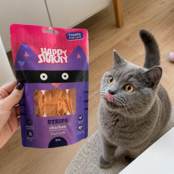 Fioletowe Happy Snacky Mini paski z kurczaka dla kota, obok szary kot liżący się, w oczekiwaniu na przysmak.