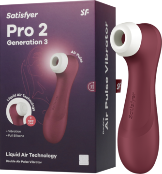 Satisfyer Pro 2 Gen 3, bordowy masażer z Liquid Air, obok pudełka. Ergonomiczny, matowy silikon.