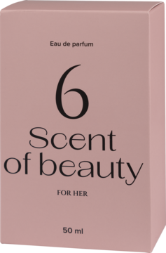 Różowe pudełko perfum "6 Scent of beauty FOR HER" 50 ml, z czarnym tekstem, widok z przodu.