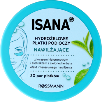 Isana, nawilżające hydrożelowe płatki pod oczy z kwasem hialuronowym. Jasnoniebieskie okrągłe opakowanie, widok z góry.