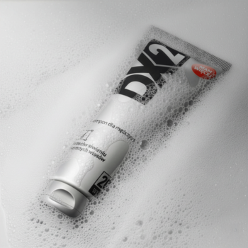 Srebrna tubka szamponu DX2 przeciw siwieniu ciemnych włosów, z czarnym logo, leży ukośnie w białej pianie.