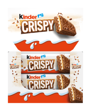 Kinder Crispy: baton z chrupiącym wafelkiem i nadzieniem kakaowo-orzechowym. Widok rozkrojonego batona i pudełka.