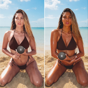 Kobieta przed i po użyciu balsamu ByRokko Shine Brown Chocolade, uzyskująca czekoladową opaleniznę na plaży.