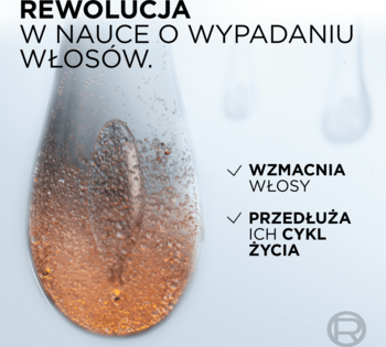 Serum Elseve Growth Booster: błyszcząca, półprzezroczysta kropla z płynem, złotymi cząstkami i hasłami „wzmacnia włosy”.