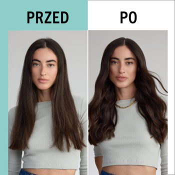 Spray Taft Aloe Boost: Kobieta z prostymi włosami i po użyciu, zyskała objętość i naturalne fale.