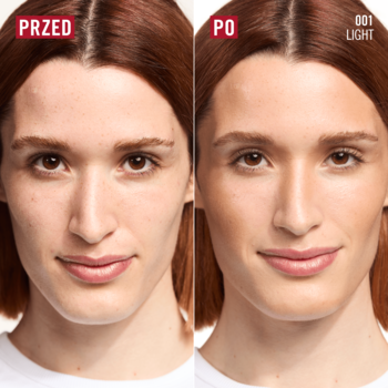 Przed i po: twarz kobiety z bronzerem Rimmel Multi-Tasker, kontur i blask. Odcień 001 Light.