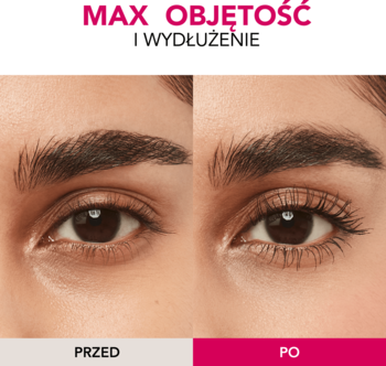Porównanie rzęs przed i po: oko kobiety z i bez tuszu Bourjois Volume Glamour Max Définition dla max objętości i wydłużenia.