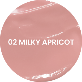 Błyszcząca, kremowa próbka balsamu do ust Flowy Lip Veil w kolorze 02 Milky Apricot, z widocznym napisem.