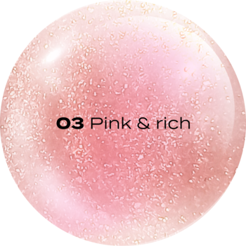 Top coat do ust Glossphere 03 Pink & Rich. Różowa, brokatowa kula z napisem na jasnym tle.