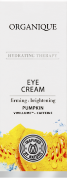 Organique Eye Cream: ujędrniający, rozjaśniający. Z dynią, Vivillume, kofeiną. Białe pudełko z motywem dyni, widok przód.